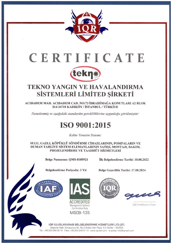 Tekno Yangın CERTIFICATE